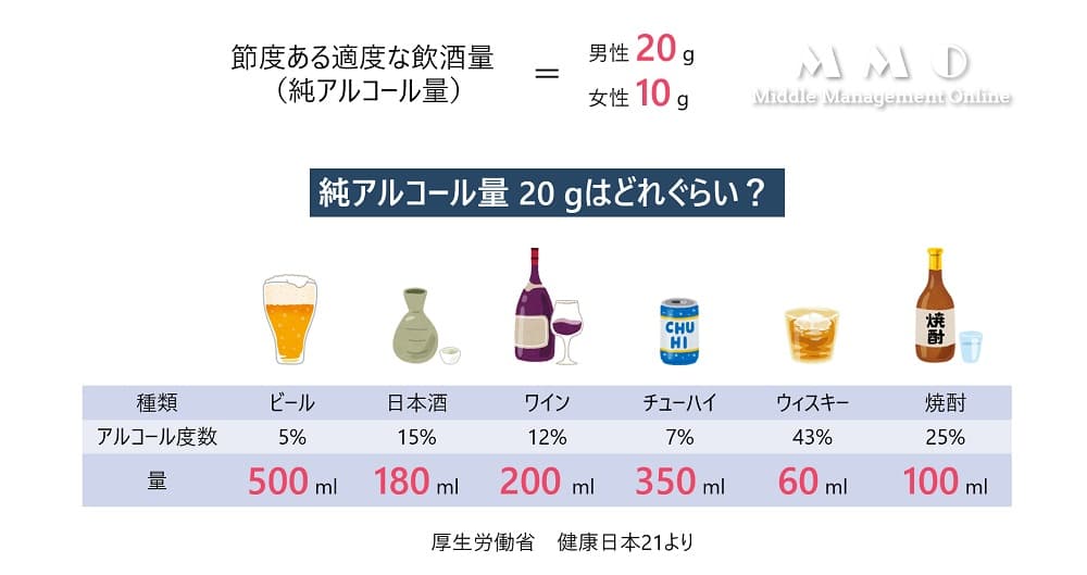 厚生労働省　健康日本21　節度ある適度な飲酒量　お酒　適量　どれぐらい